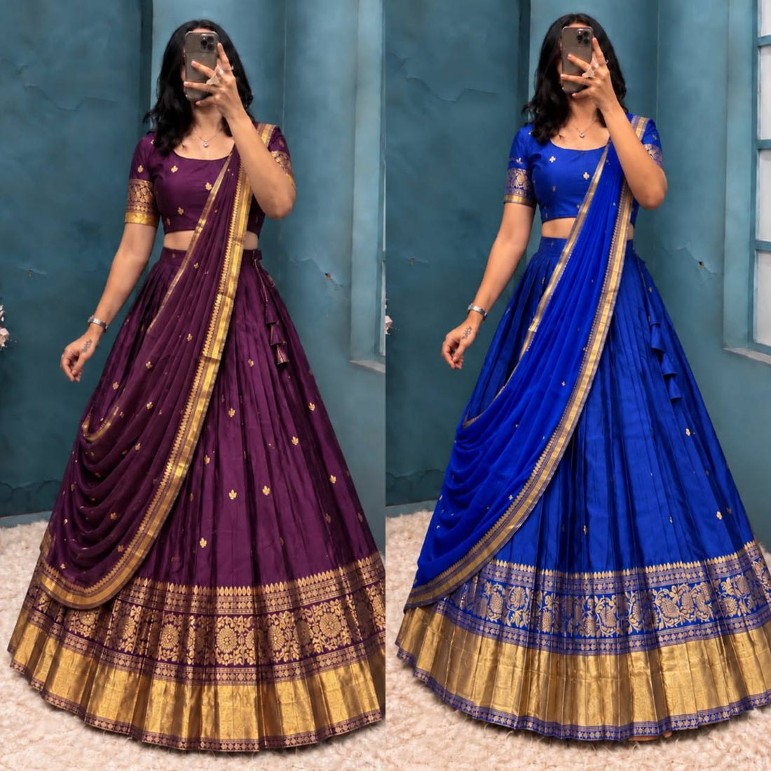 Pure Kanchipattu Silk Stitched Lehenga Set with Designer Blouse & Sequins Dupatta