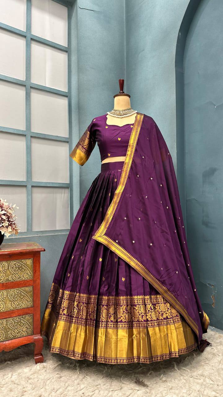 Pure Kanchipattu Silk Stitched Lehenga Set with Designer Blouse & Sequins Dupatta