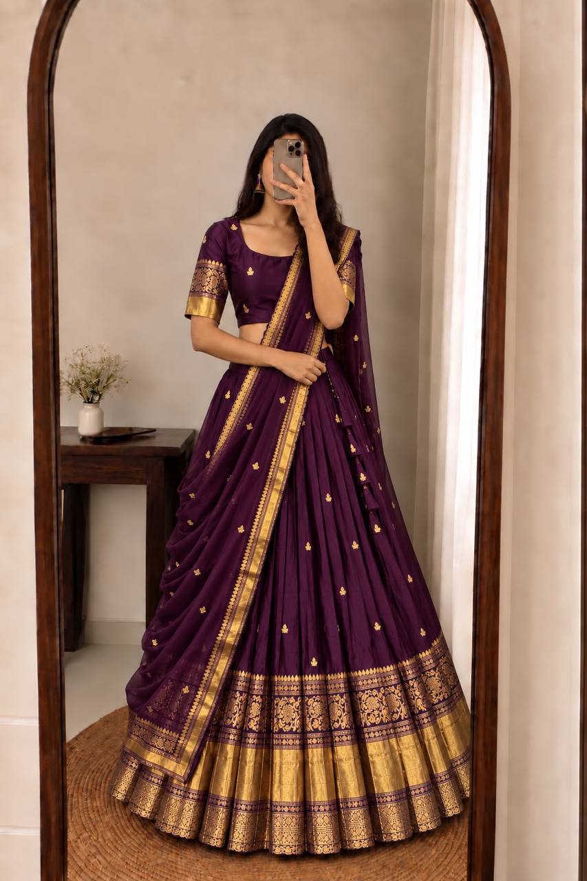 Pure Kanchipattu Silk Stitched Lehenga Set with Designer Blouse & Sequins Dupatta