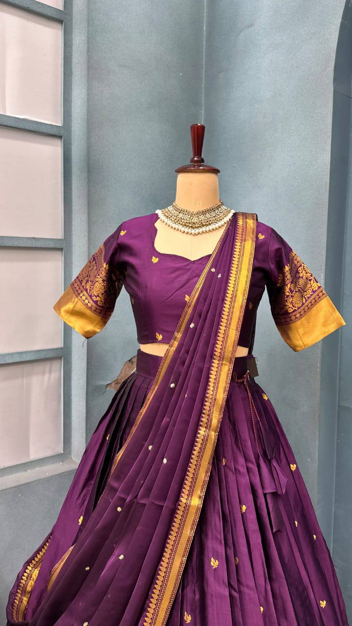 Pure Kanchipattu Silk Stitched Lehenga Set with Designer Blouse & Sequins Dupatta