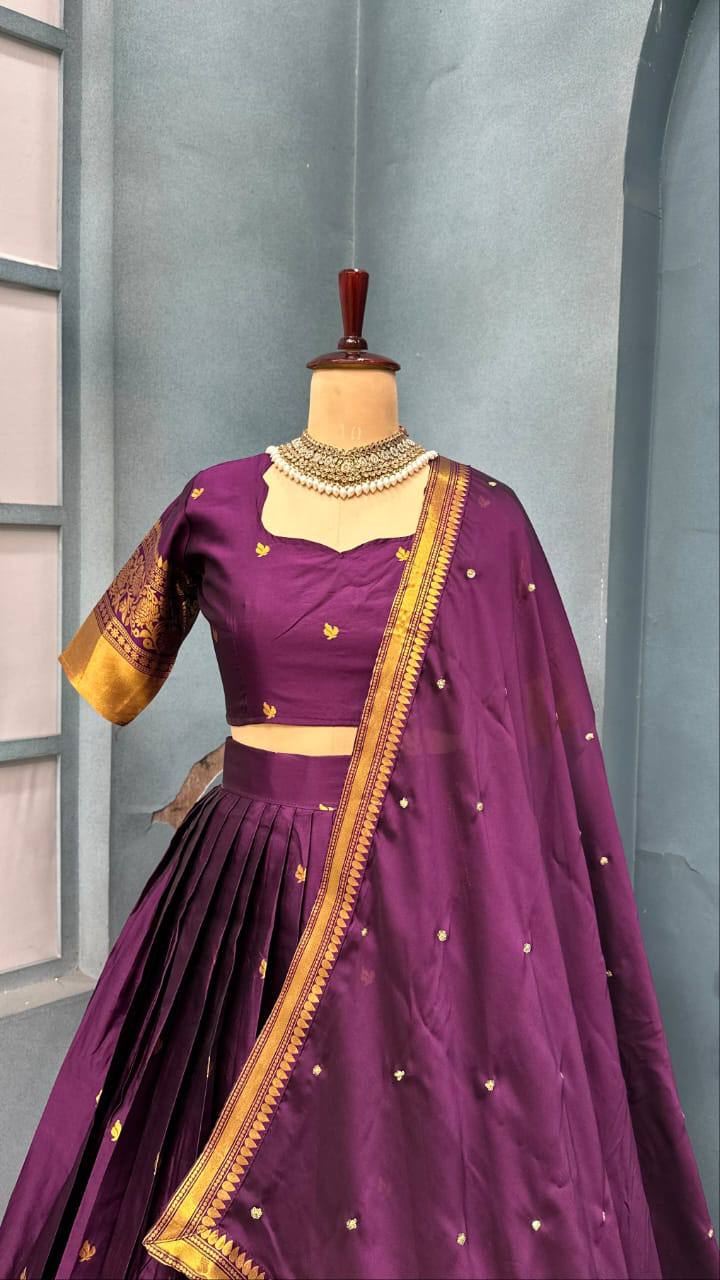Pure Kanchipattu Silk Stitched Lehenga Set with Designer Blouse & Sequins Dupatta