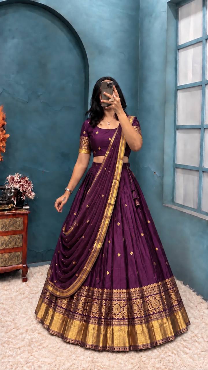 Pure Kanchipattu Silk Stitched Lehenga Set with Designer Blouse & Sequins Dupatta