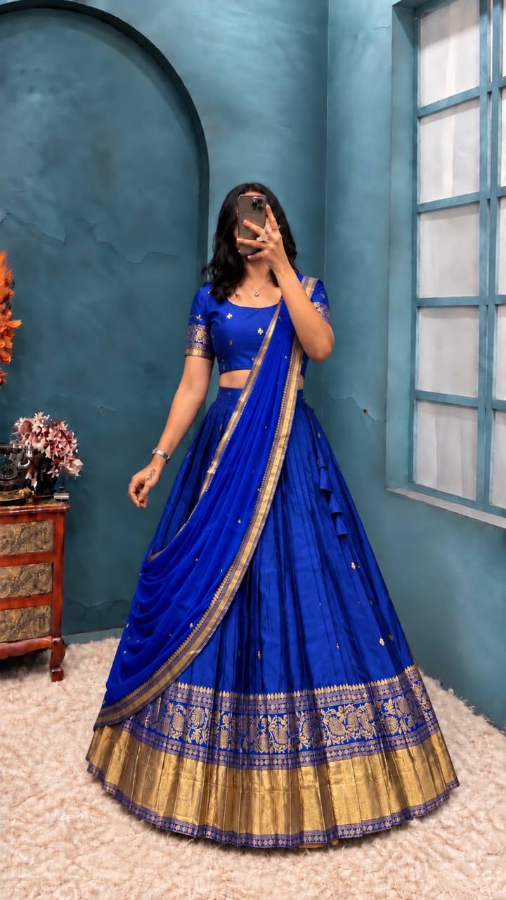 Pure Kanchipattu Silk Stitched Lehenga Set with Designer Blouse & Sequins Dupatta