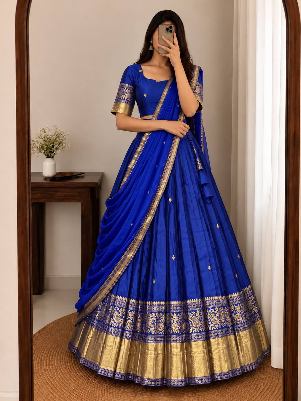 Pure Kanchipattu Silk Stitched Lehenga Set with Designer Blouse & Sequins Dupatta