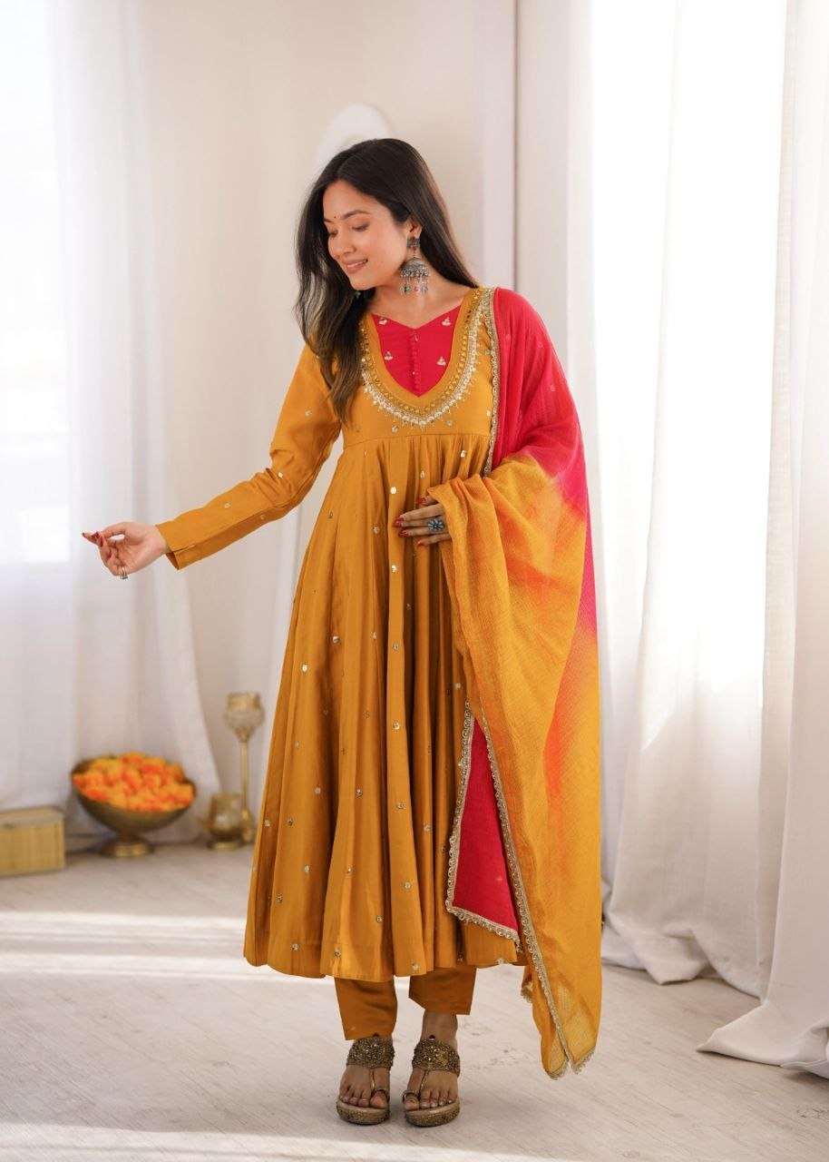Elegant Embroidered Sequence With Real Mirror Designer Anarkali Three Piece Set