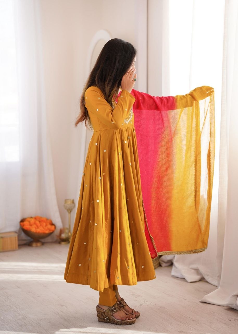Elegant Embroidered Sequence With Real Mirror Designer Anarkali Three Piece Set