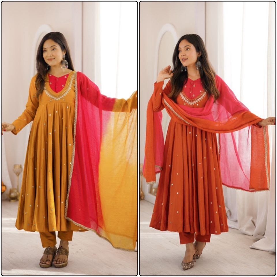Elegant Embroidered Sequence With Real Mirror Designer Anarkali Three Piece Set