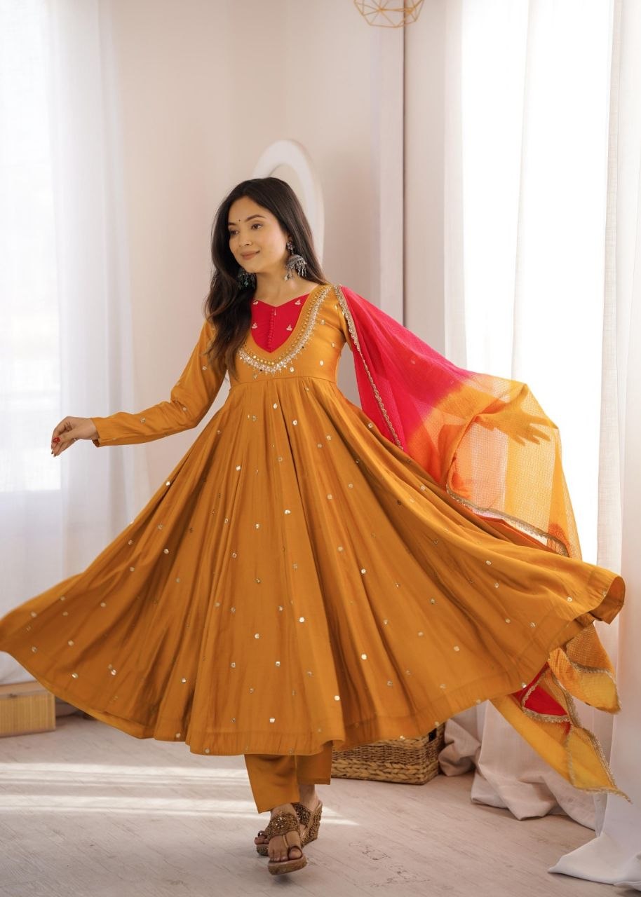 Elegant Embroidered Sequence With Real Mirror Designer Anarkali Three Piece Set
