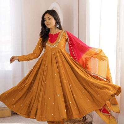 Elegant Embroidered Sequence With Real Mirror Designer Anarkali Three Piece Set