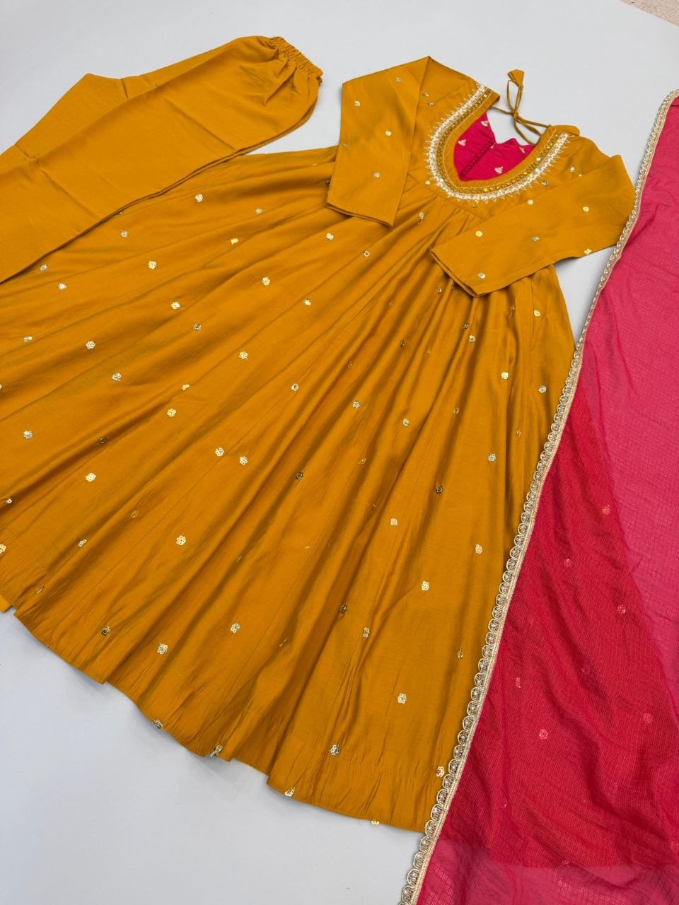 Elegant Embroidered Sequence With Real Mirror Designer Anarkali Three Piece Set