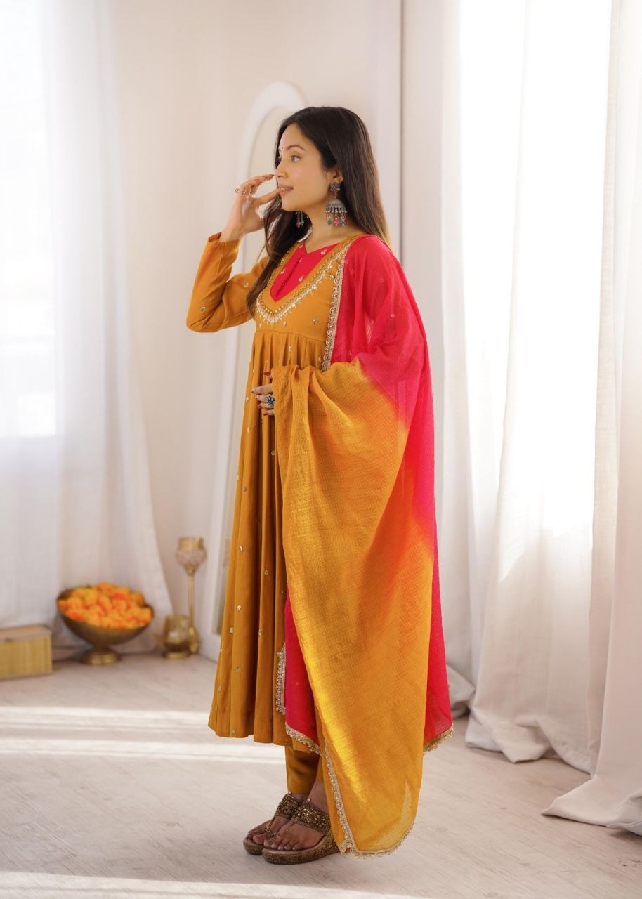 Elegant Embroidered Sequence With Real Mirror Designer Anarkali Three Piece Set