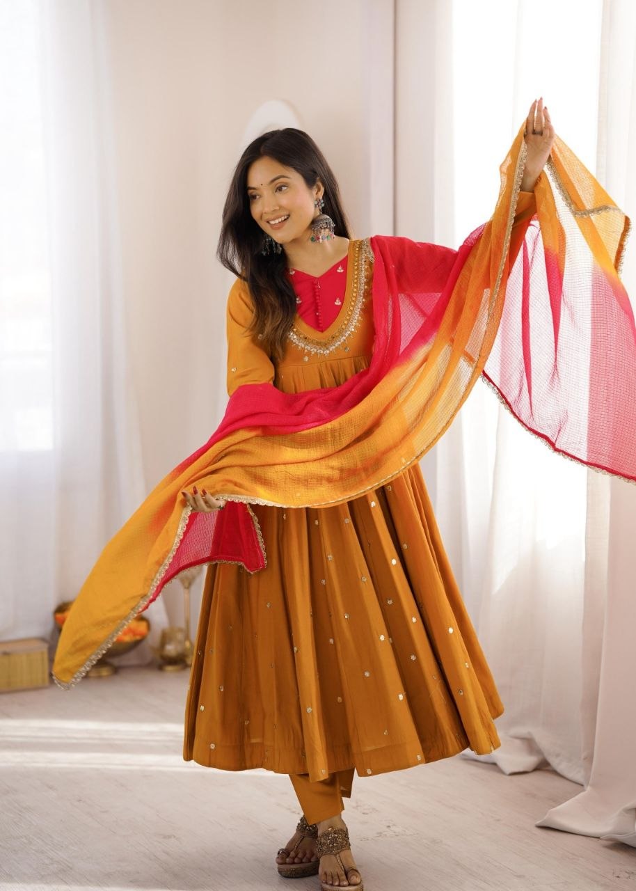 Elegant Embroidered Sequence With Real Mirror Designer Anarkali Three Piece Set