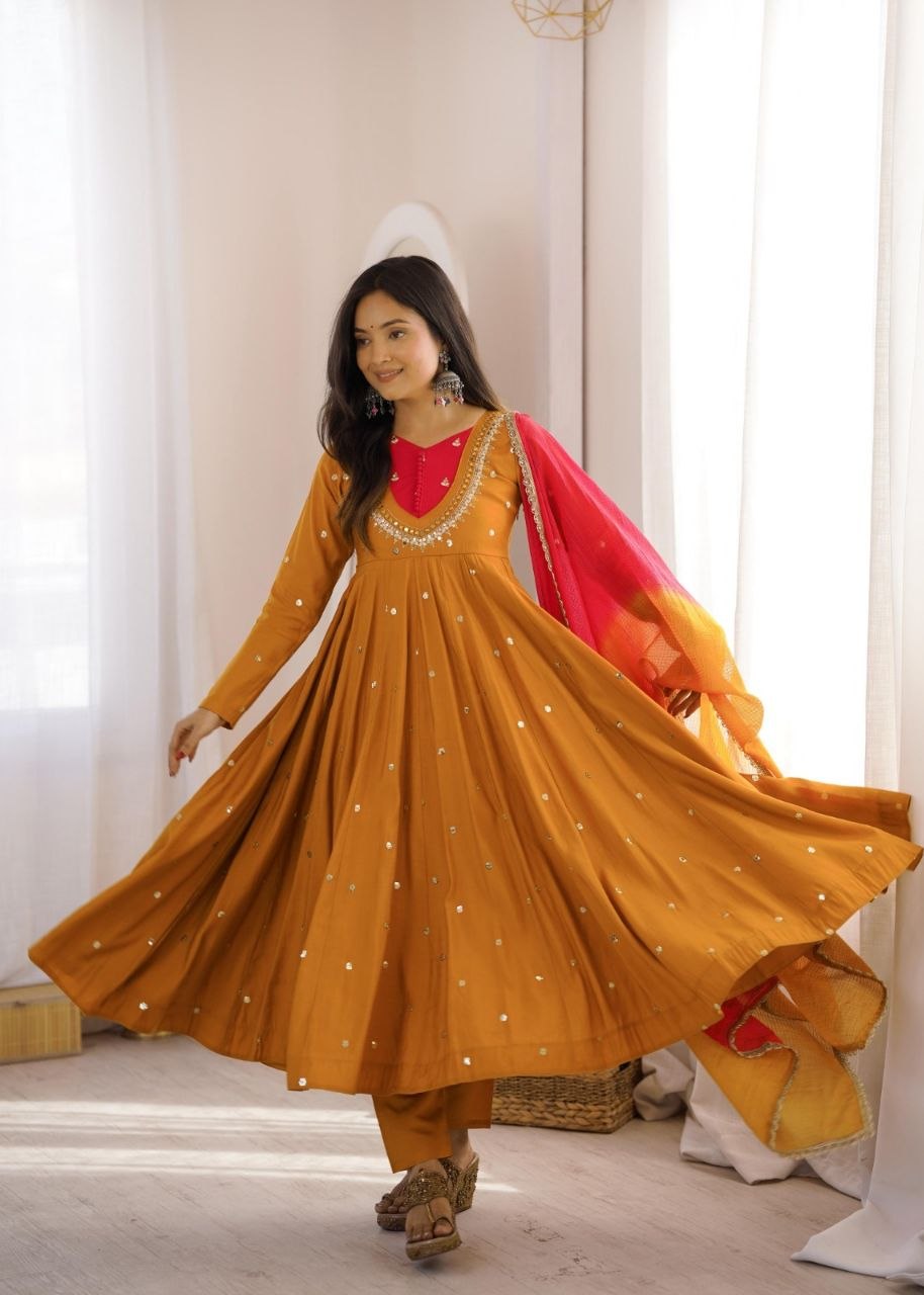 Elegant Embroidered Sequence With Real Mirror Designer Anarkali Three Piece Set