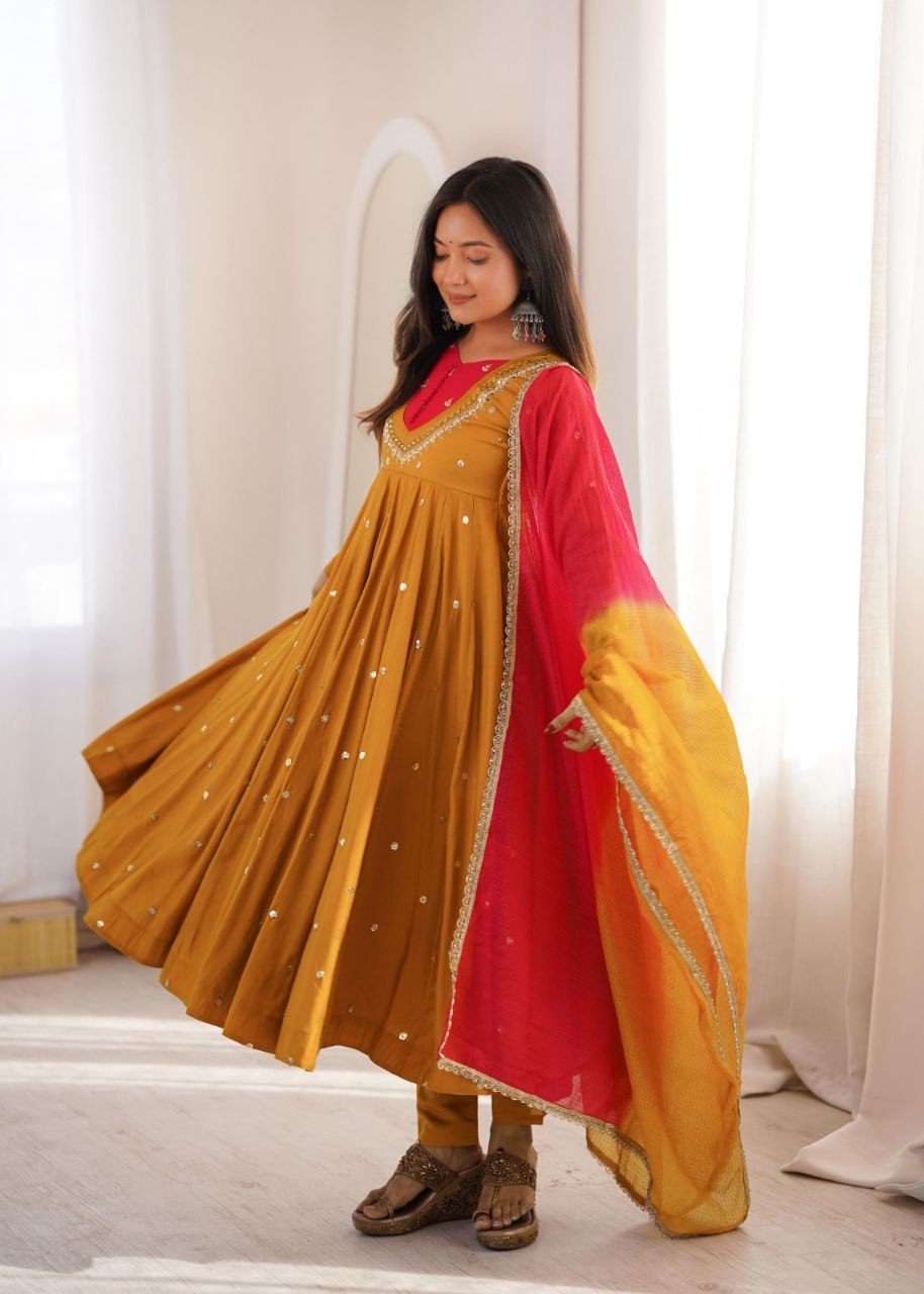 Elegant Embroidered Sequence With Real Mirror Designer Anarkali Three Piece Set