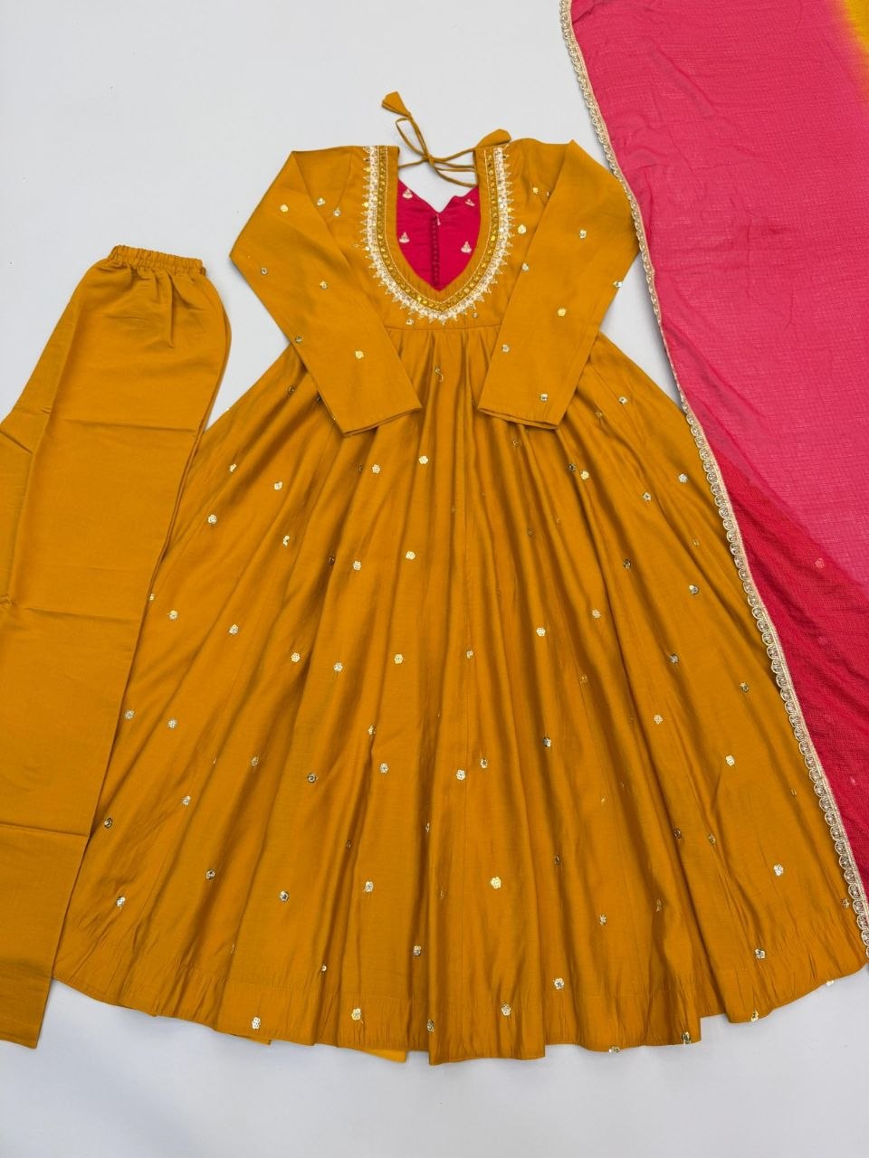 Elegant Embroidered Sequence With Real Mirror Designer Anarkali Three Piece Set