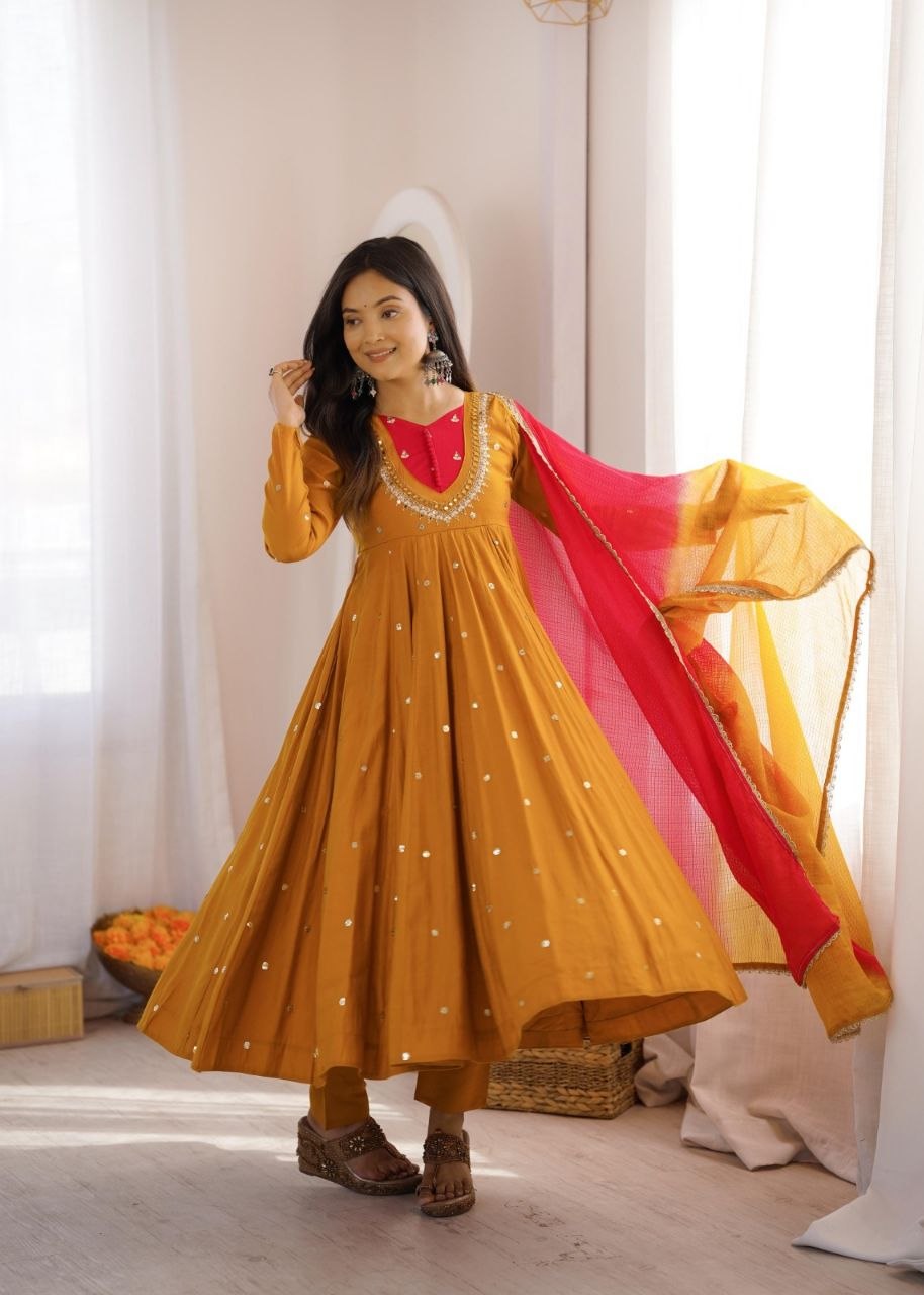 Elegant Embroidered Sequence With Real Mirror Designer Anarkali Three Piece Set