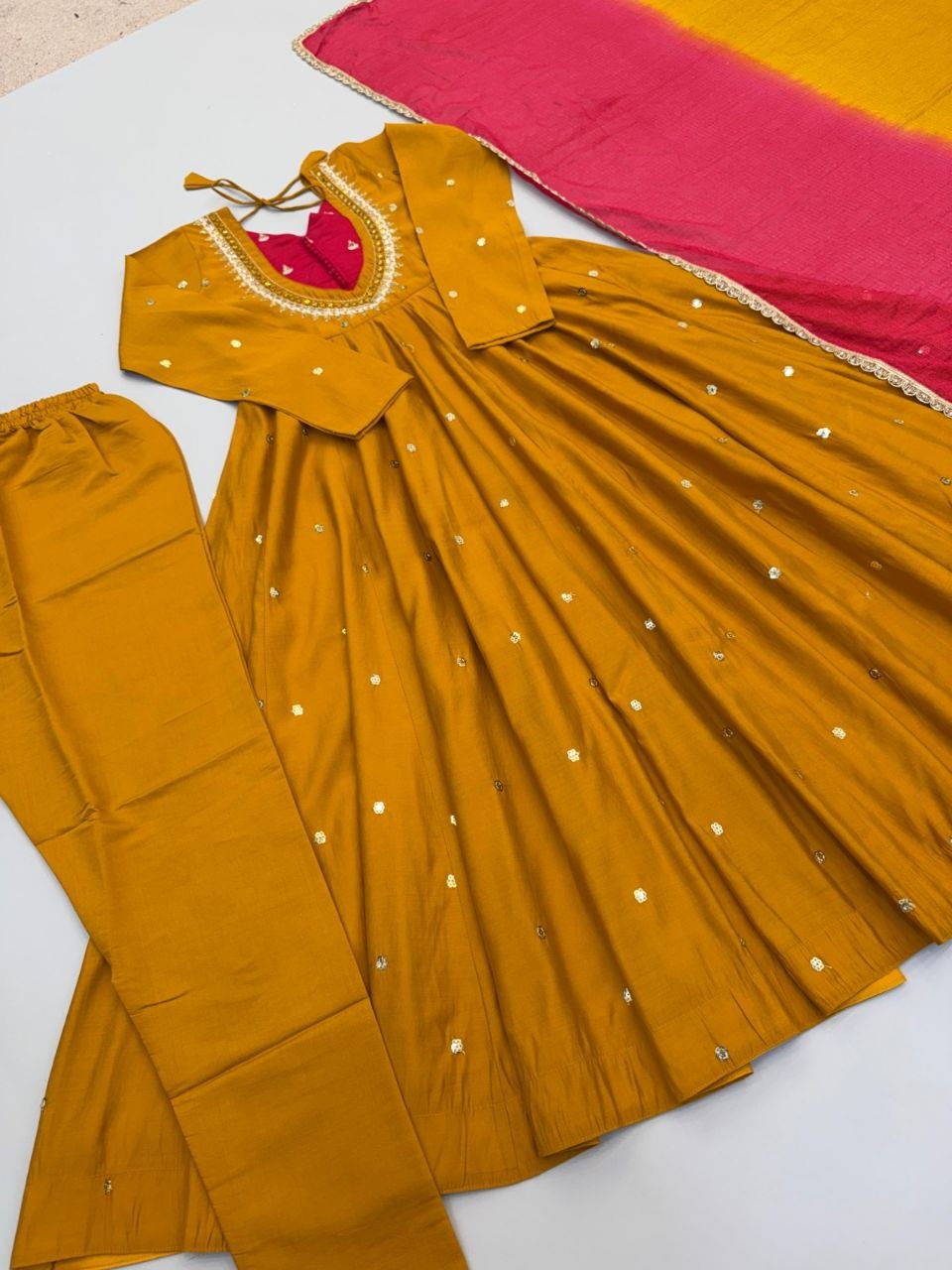 Elegant Embroidered Sequence With Real Mirror Designer Anarkali Three Piece Set