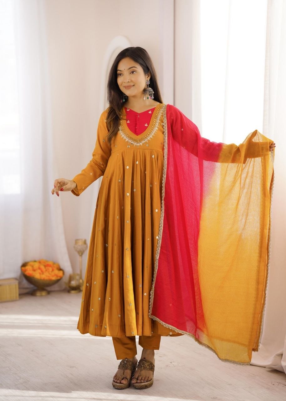 Elegant Embroidered Sequence With Real Mirror Designer Anarkali Three Piece Set