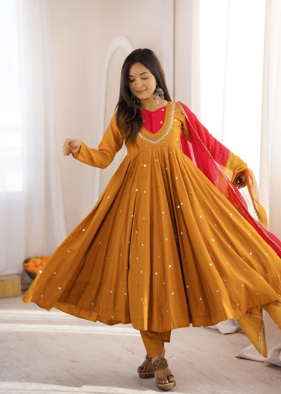 Elegant Embroidered Sequence With Real Mirror Designer Anarkali Three Piece Set