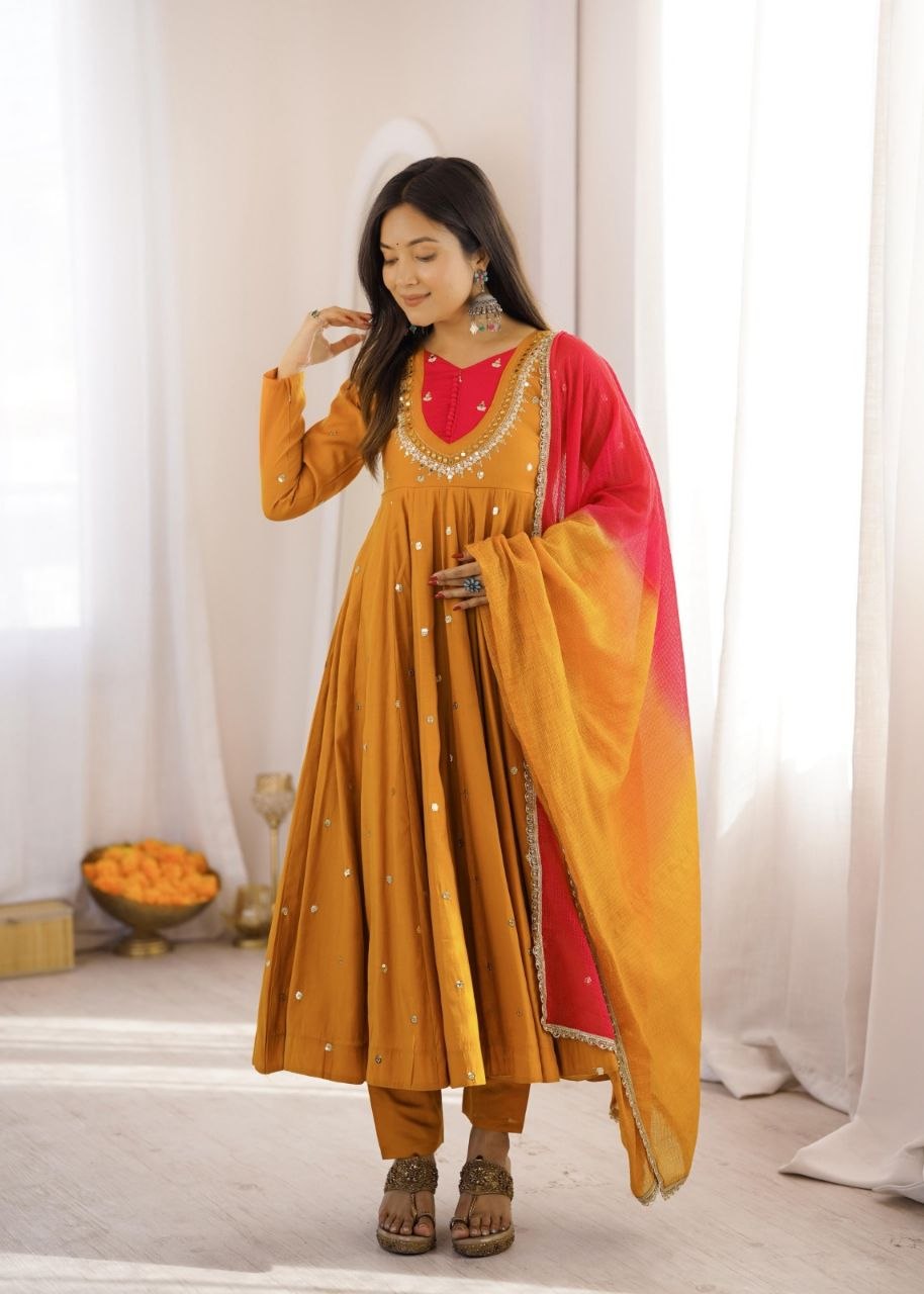 Elegant Embroidered Sequence With Real Mirror Designer Anarkali Three Piece Set