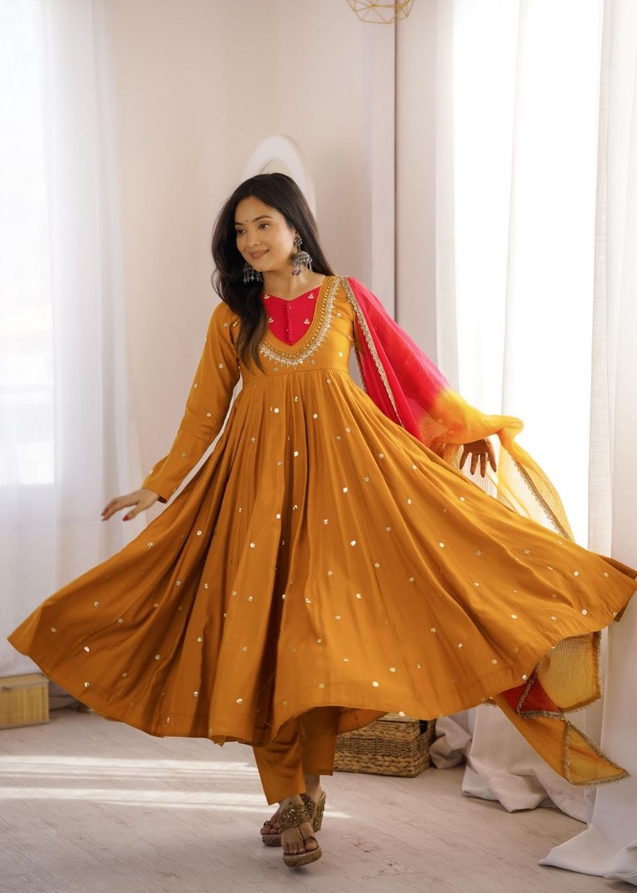 Elegant Embroidered Sequence With Real Mirror Designer Anarkali Three Piece Set