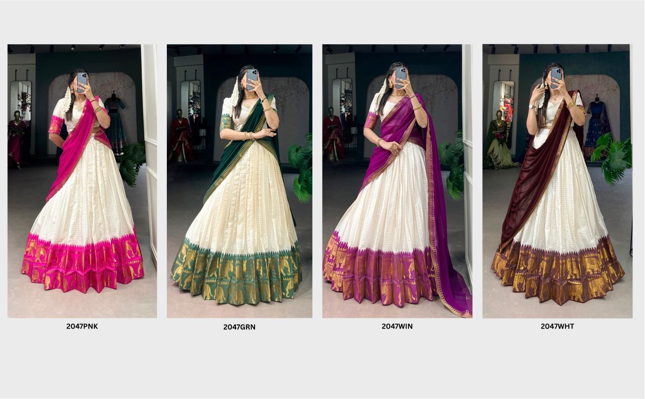 Elegant poly cotton lehengas crafted to bring comfort, grace, and festive charm to your special occasions