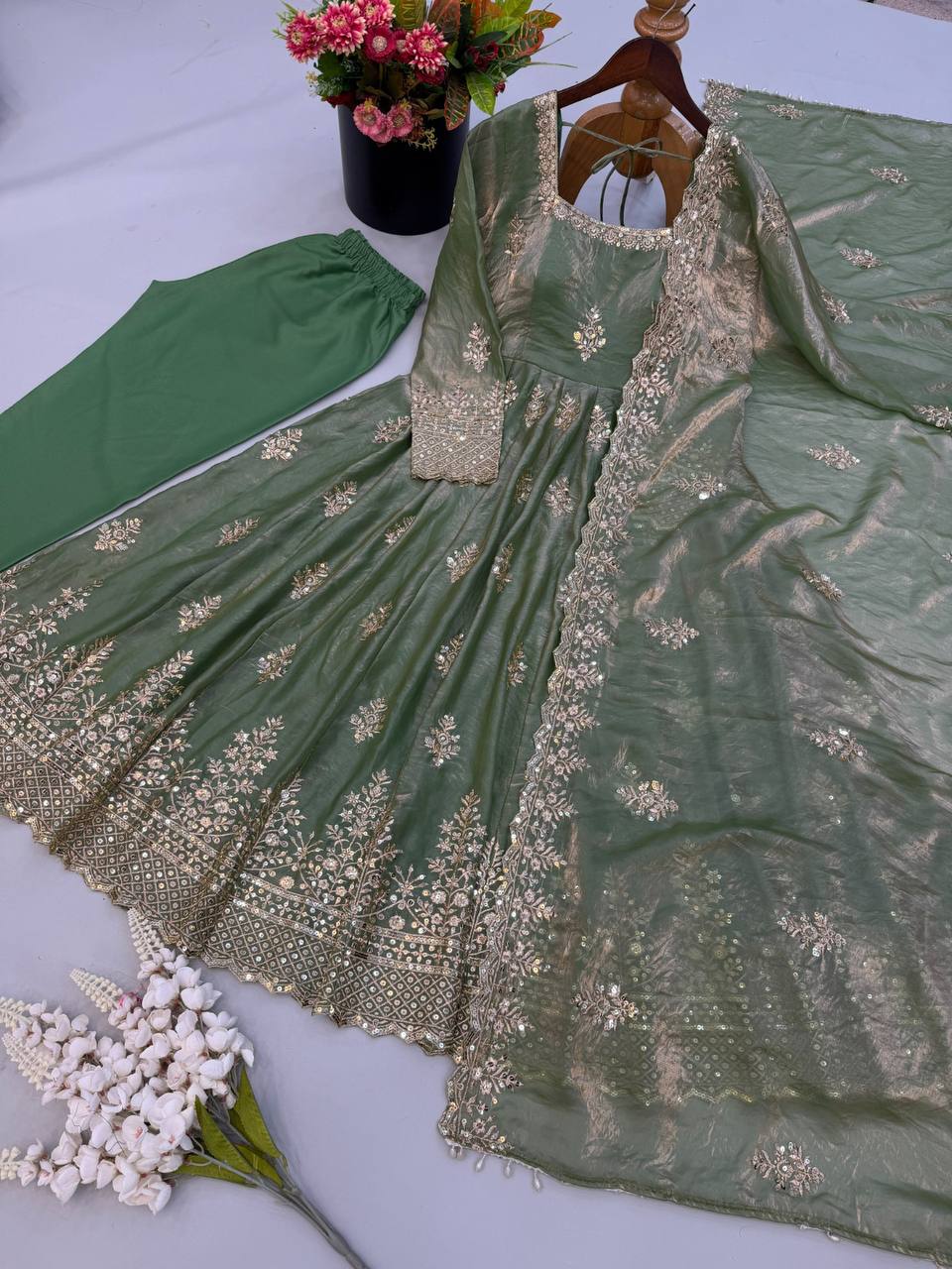 Fendy Silk Flared Gown Set with Sequence Embroidered Dupatta & Micro Cotton Pant