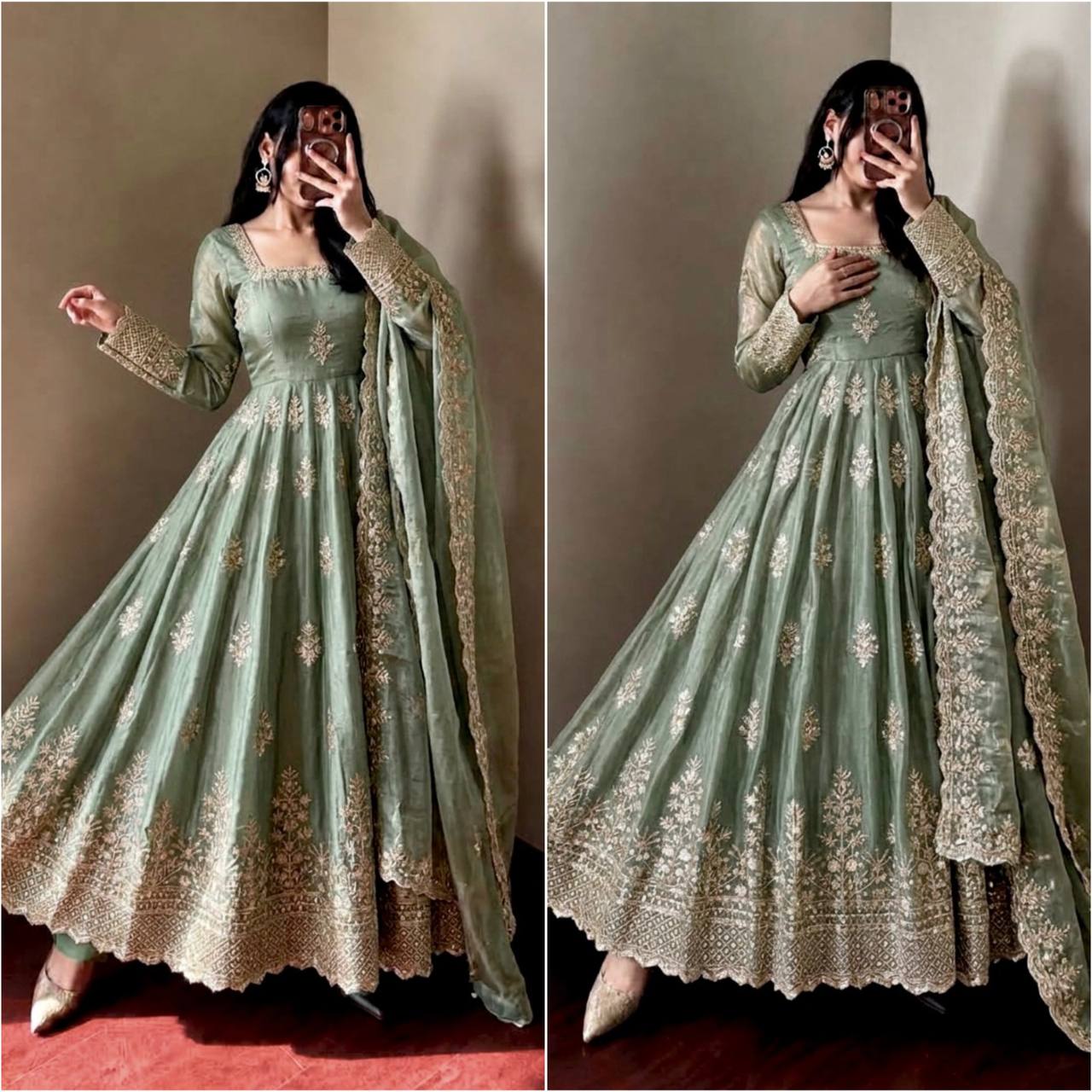 Fendy Silk Flared Gown Set with Sequence Embroidered Dupatta & Micro Cotton Pant