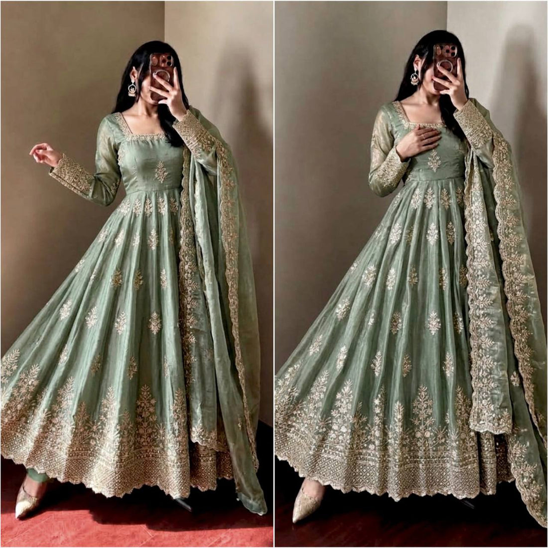 Fendy Silk Flared Gown Set with Sequence Embroidered Dupatta & Micro Cotton Pant