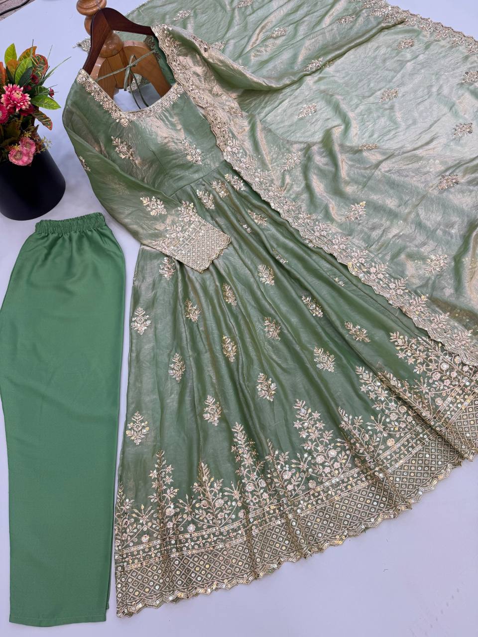 Fendy Silk Flared Gown Set with Sequence Embroidered Dupatta & Micro Cotton Pant
