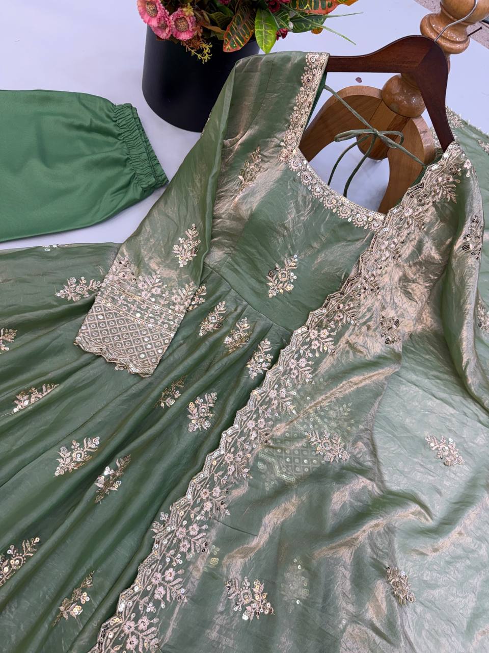 Fendy Silk Flared Gown Set with Sequence Embroidered Dupatta & Micro Cotton Pant