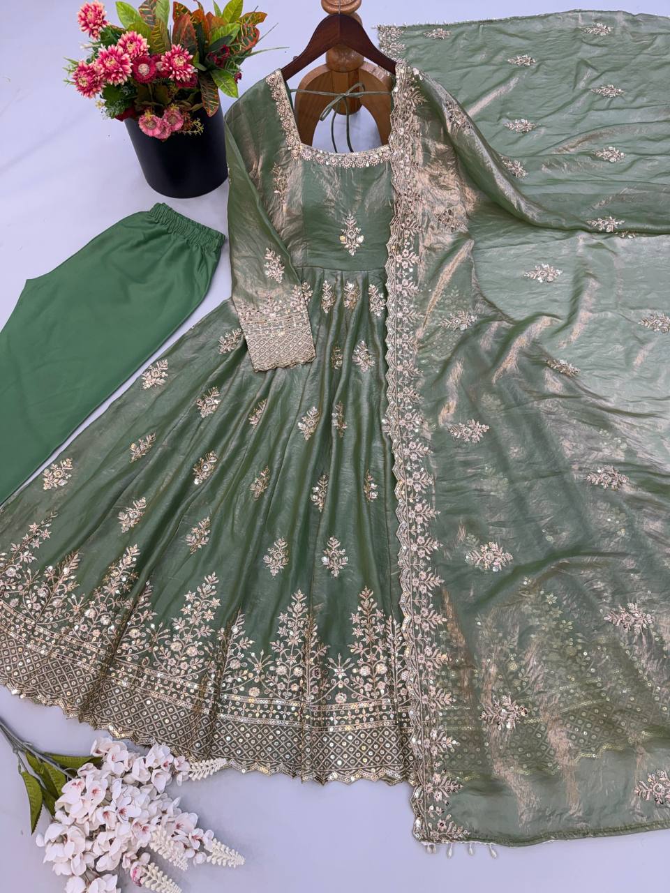 Fendy Silk Flared Gown Set with Sequence Embroidered Dupatta & Micro Cotton Pant