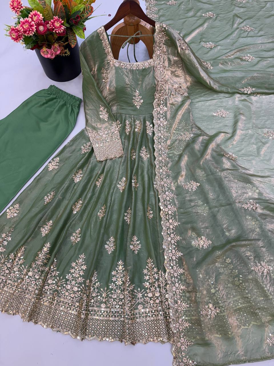 Fendy Silk Flared Gown Set with Sequence Embroidered Dupatta & Micro Cotton Pant