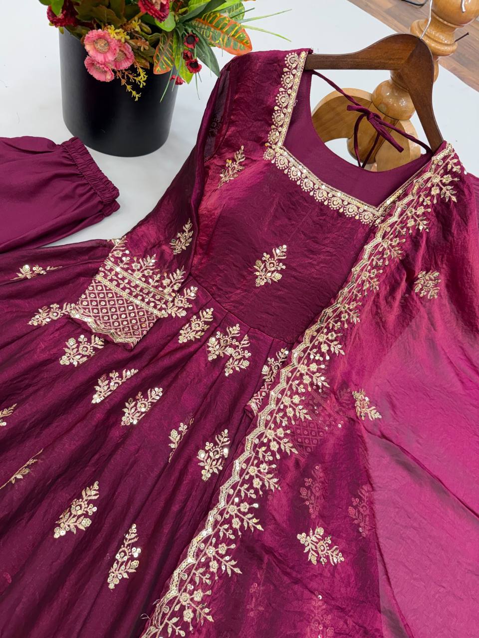 Fendy Silk Flared Gown Set with Sequence Embroidered Dupatta & Micro Cotton Pant