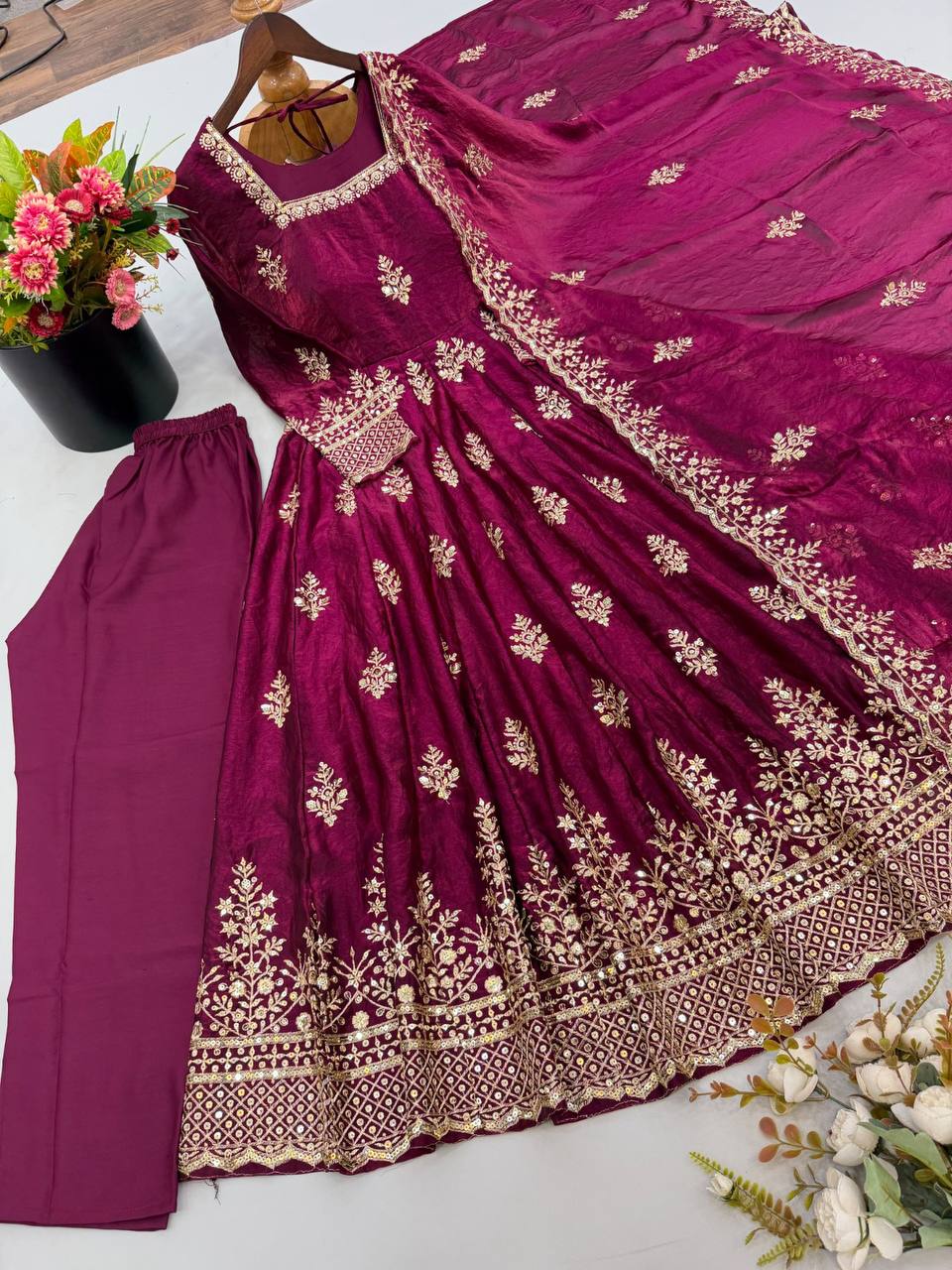 Fendy Silk Flared Gown Set with Sequence Embroidered Dupatta & Micro Cotton Pant