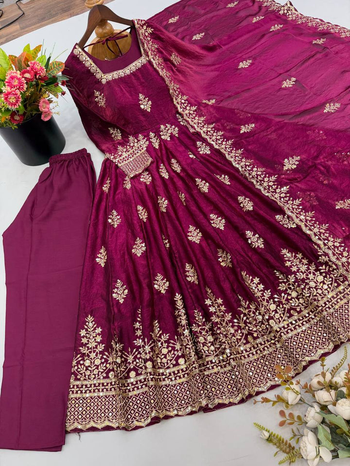 Fendy Silk Flared Gown Set with Sequence Embroidered Dupatta & Micro Cotton Pant