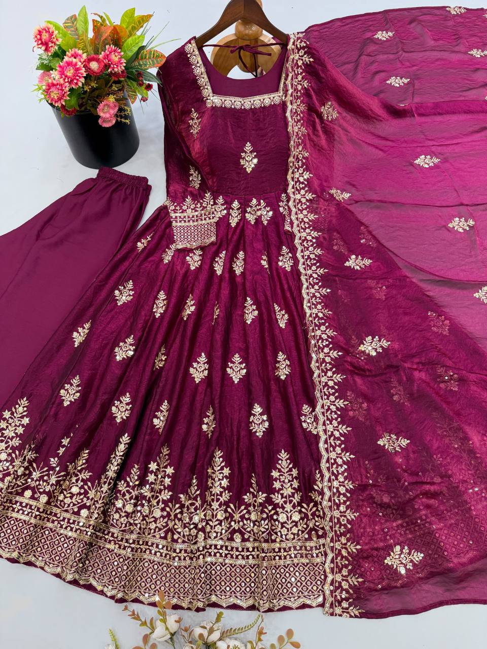 Fendy Silk Flared Gown Set with Sequence Embroidered Dupatta & Micro Cotton Pant