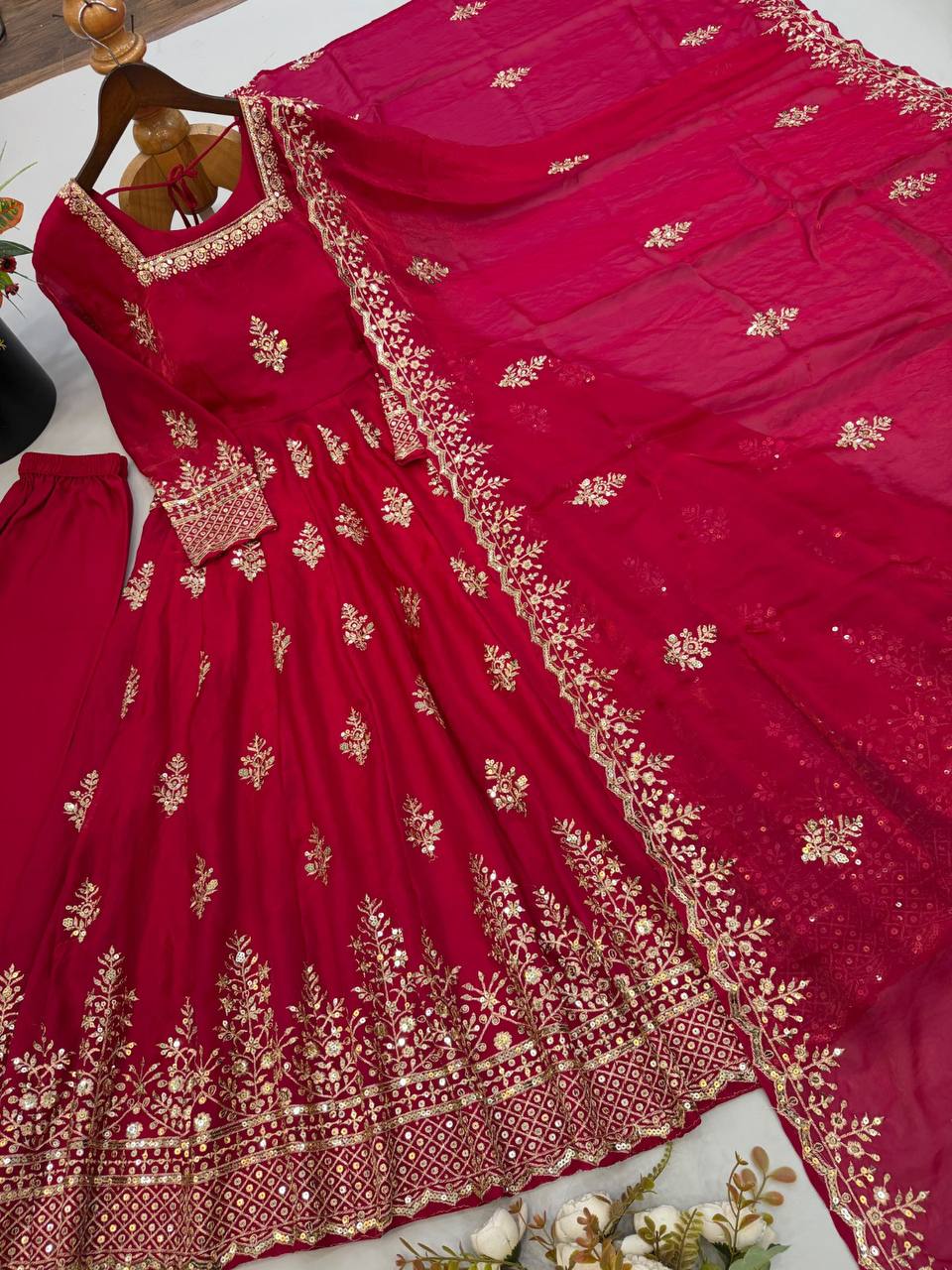 Fendy Silk Flared Gown Set with Sequence Embroidered Dupatta & Micro Cotton Pant