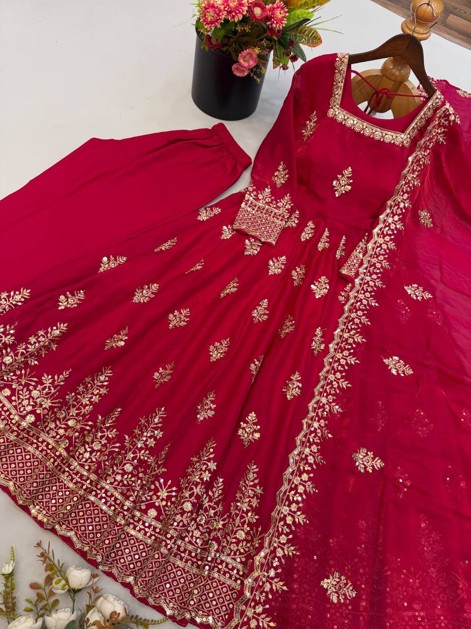 Fendy Silk Flared Gown Set with Sequence Embroidered Dupatta & Micro Cotton Pant