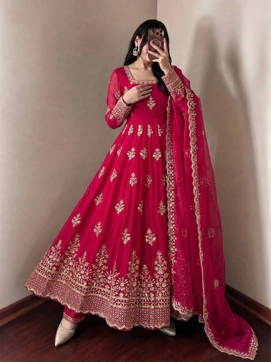 Fendy Silk Flared Gown Set with Sequence Embroidered Dupatta & Micro Cotton Pant