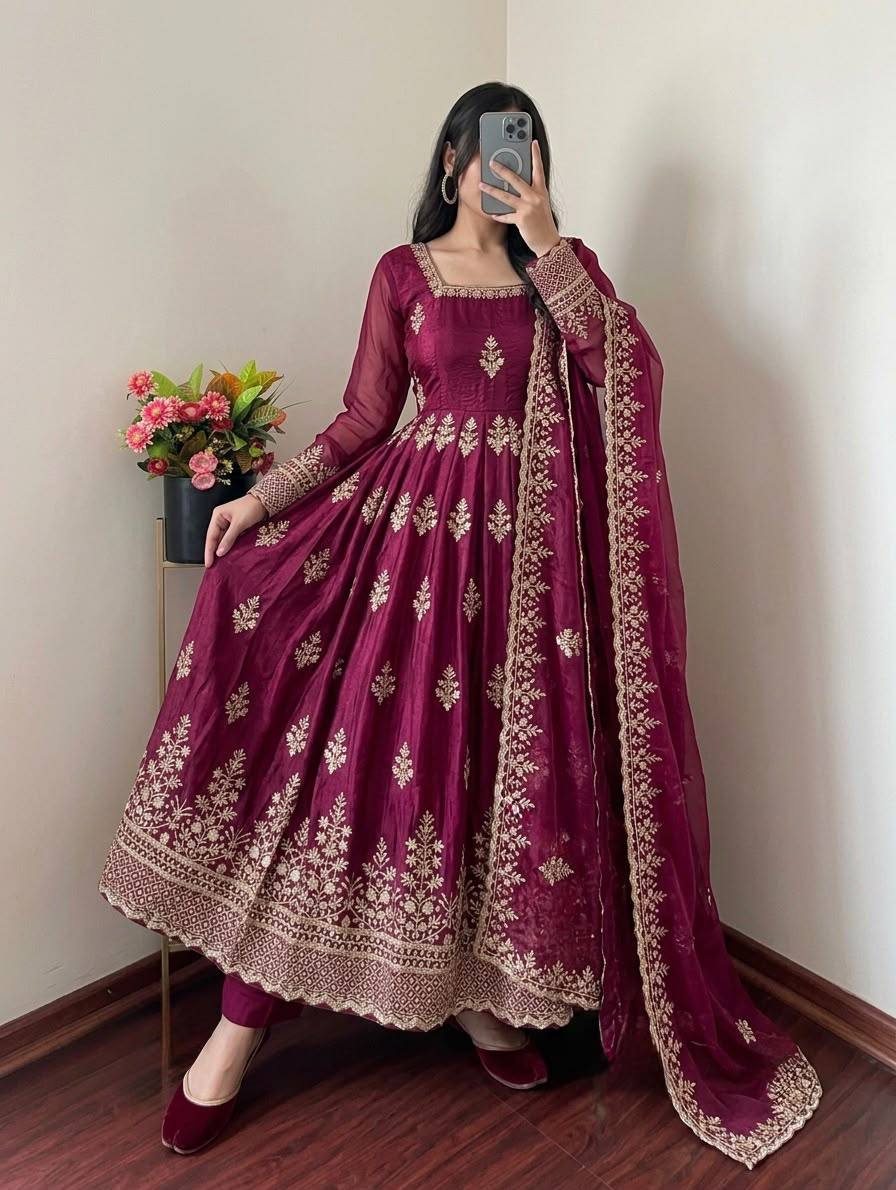 Fendy Silk Flared Gown Set with Sequence Embroidered Dupatta & Micro Cotton Pant