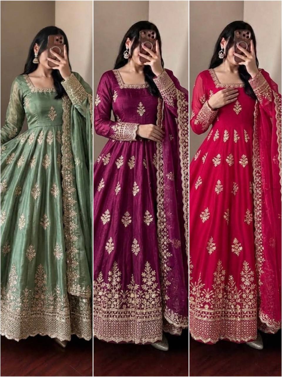 Fendy Silk Flared Gown Set with Sequence Embroidered Dupatta & Micro Cotton Pant