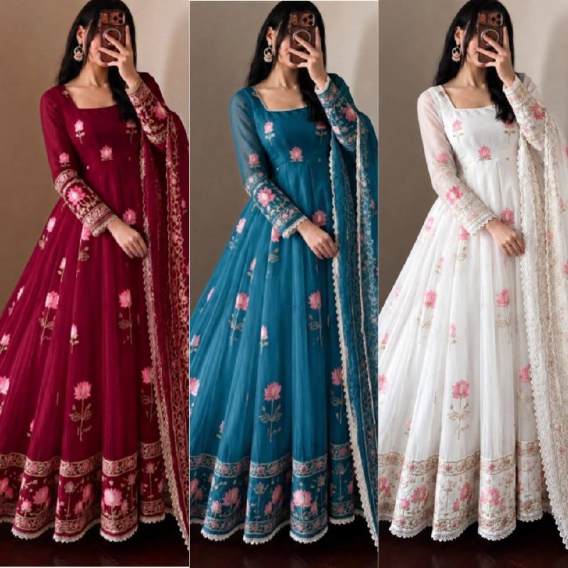 Fendy Silk Flared Gown Set with Sequence Embroidered Dupatta & Micro Cotton Pant
