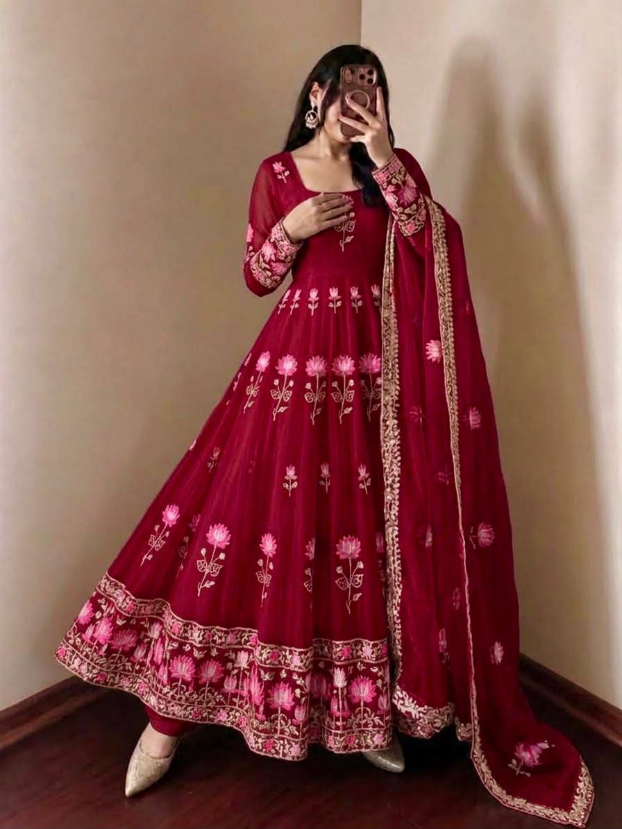 Fendy Silk Flared Gown Set with Sequence Embroidered Dupatta & Micro Cotton Pant