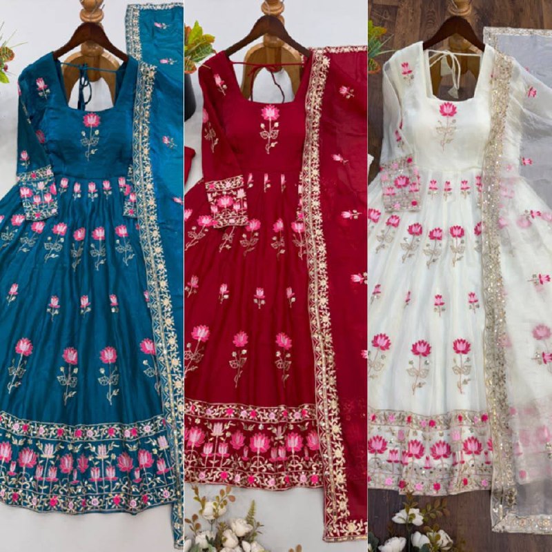 Fendy Silk Flared Gown Set with Sequence Embroidered Dupatta & Micro Cotton Pant