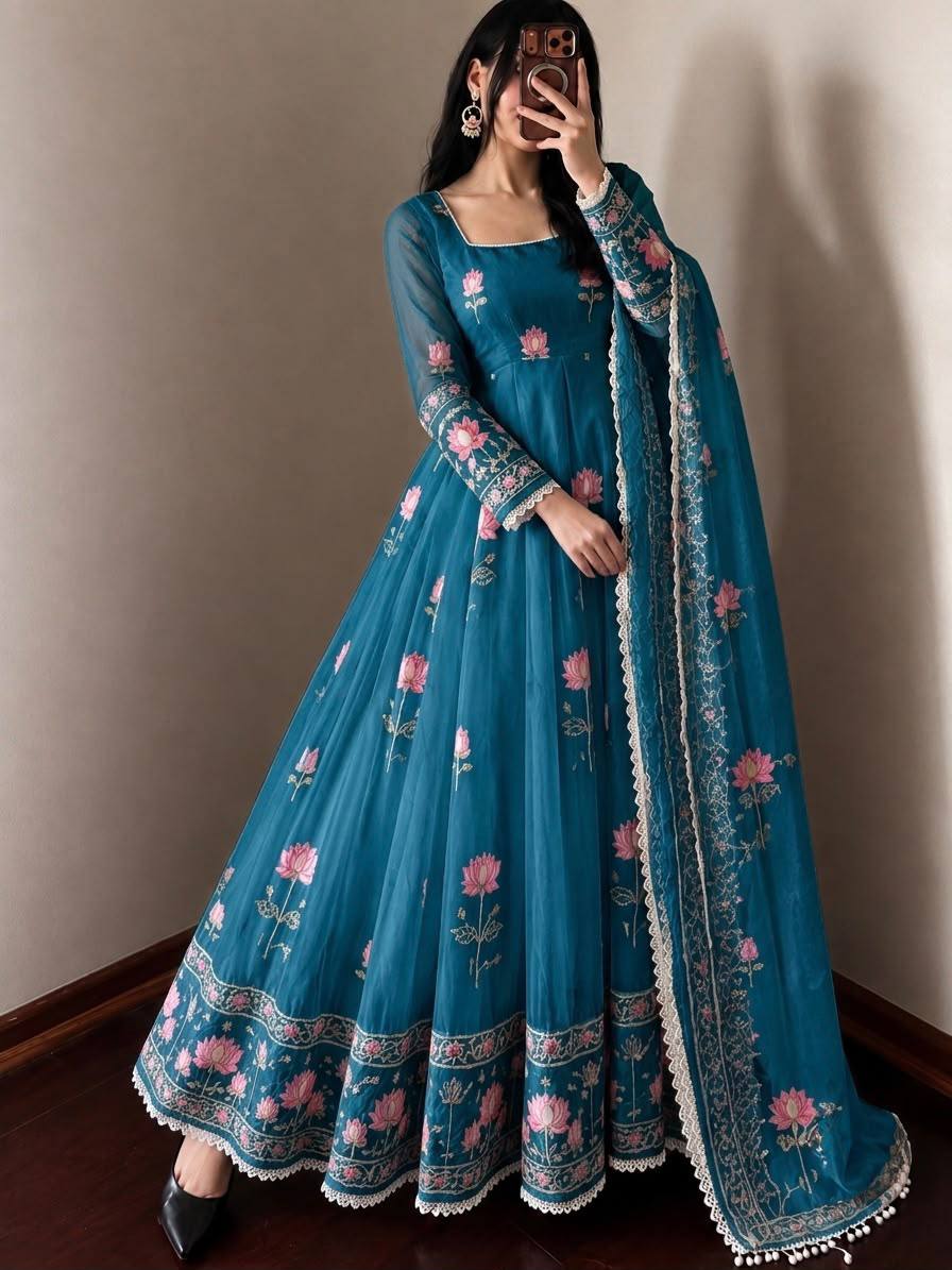Fendy Silk Flared Gown Set with Sequence Embroidered Dupatta & Micro Cotton Pant