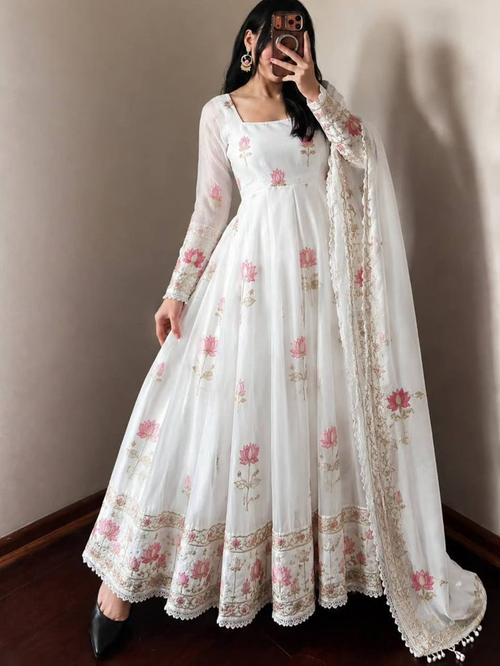 Fendy Silk Flared Gown Set with Sequence Embroidered Dupatta & Micro Cotton Pant