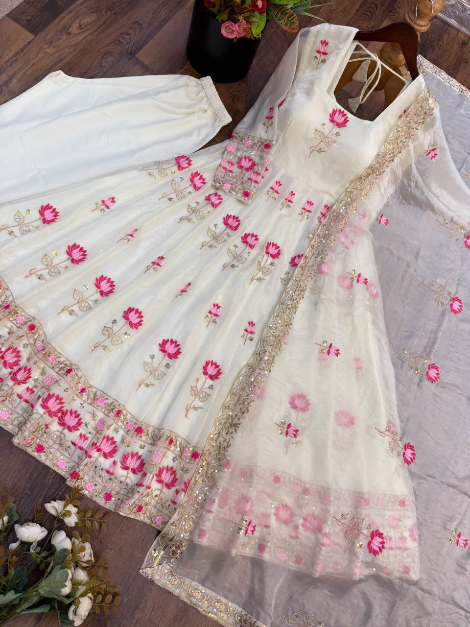 Fendy Silk Flared Gown Set with Sequence Embroidered Dupatta & Micro Cotton Pant