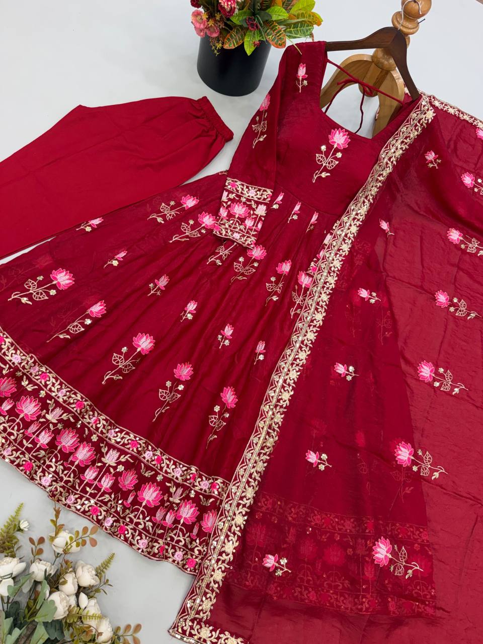 Fendy Silk Flared Gown Set with Sequence Embroidered Dupatta & Micro Cotton Pant