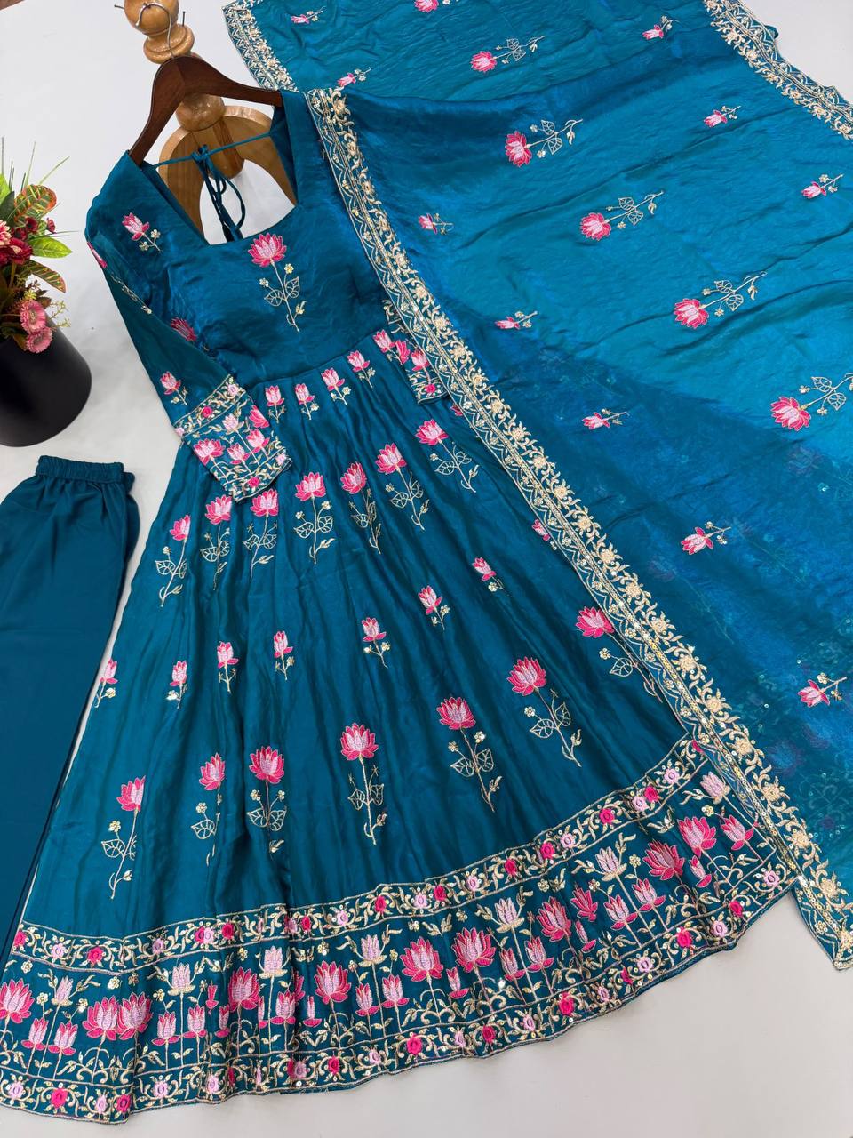Fendy Silk Flared Gown Set with Sequence Embroidered Dupatta & Micro Cotton Pant